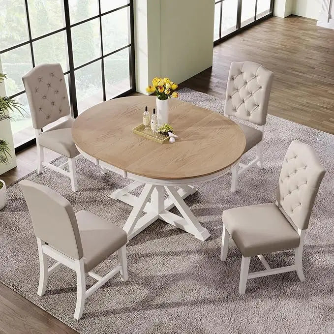 Restaurant Furniture, Extendable Round Kitchen Table Set with 4 Upholstered Chairs, Dining Sets for Kitchen Solid Wood Table