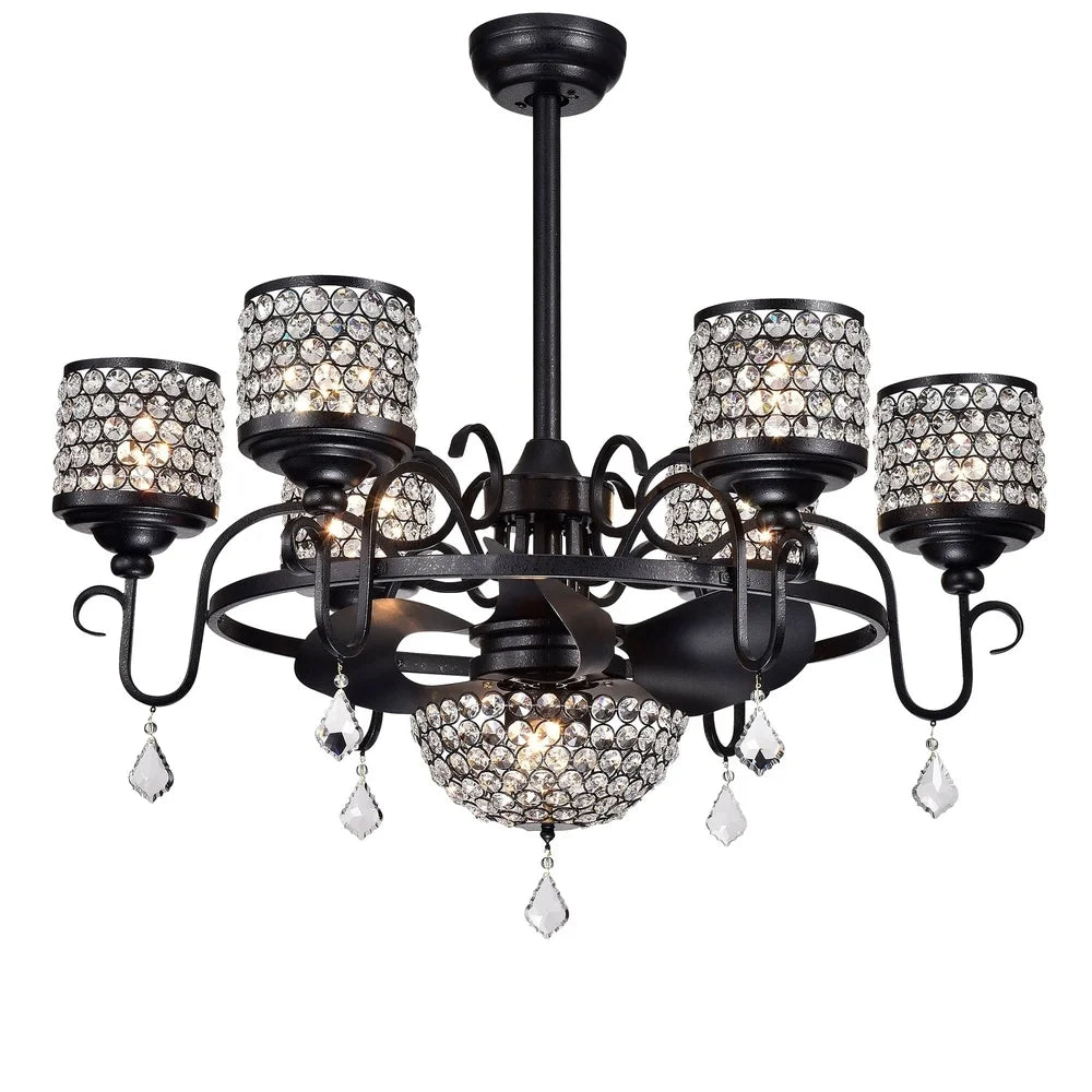 35 Inch Black Crystal Fandelier Ceiling Fan Remote Control 7 Light Chandelier Modern Iron Design Efficient Air Circulation