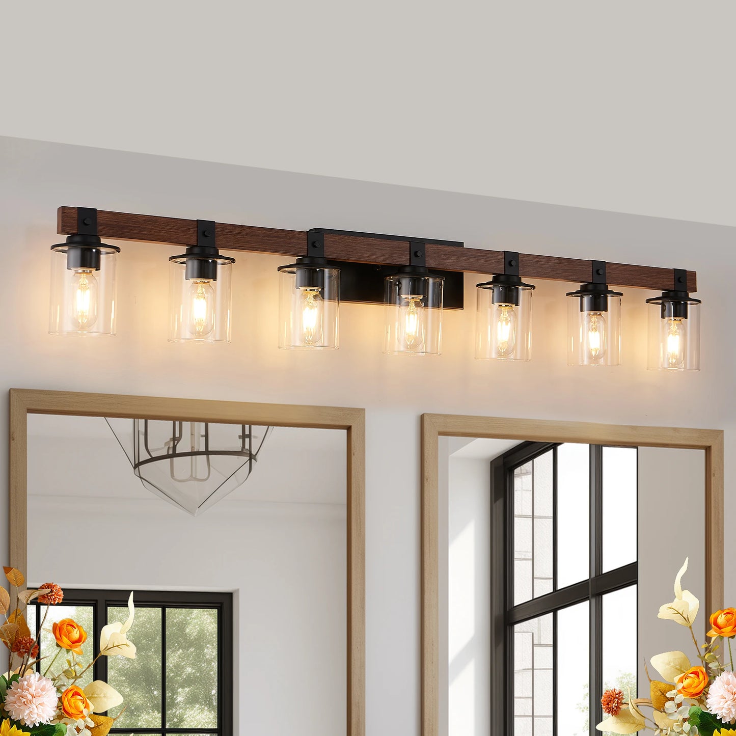 Industrial Vintage 7-Light Wall Sconce - Black Cage Wall Lighting Fixture with Wooden Accents