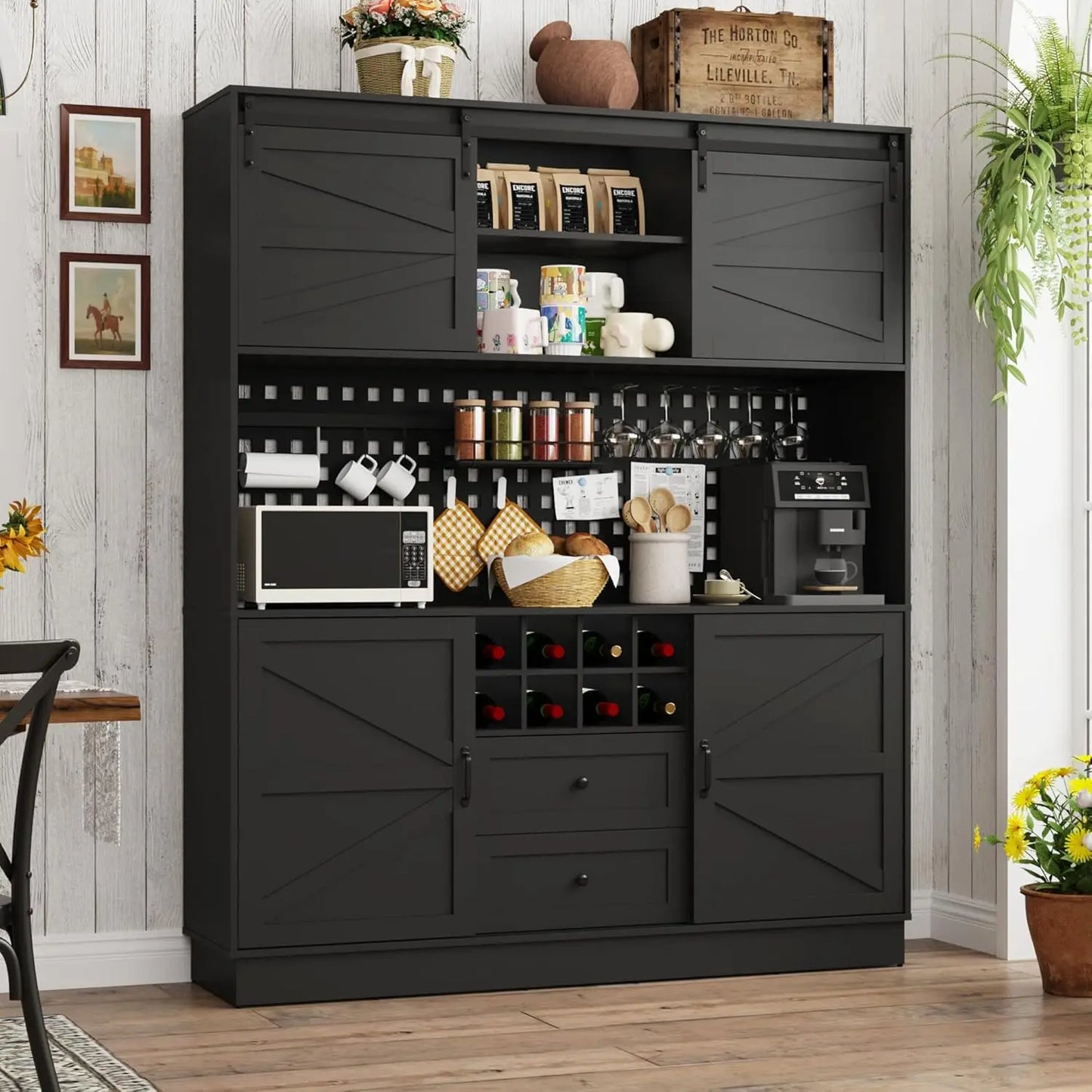 75” Kitchen Pantry Storage Cabinet, Farmhouse Kitchen Hutch Cabinet with Power Outlet,with Microwave Shelf & Wine Rack