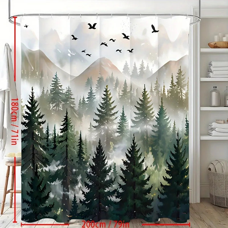 Green Misty Forest Shower Curtain Set Ombre Sage Green White Waterproof Fabric Shower Curtains