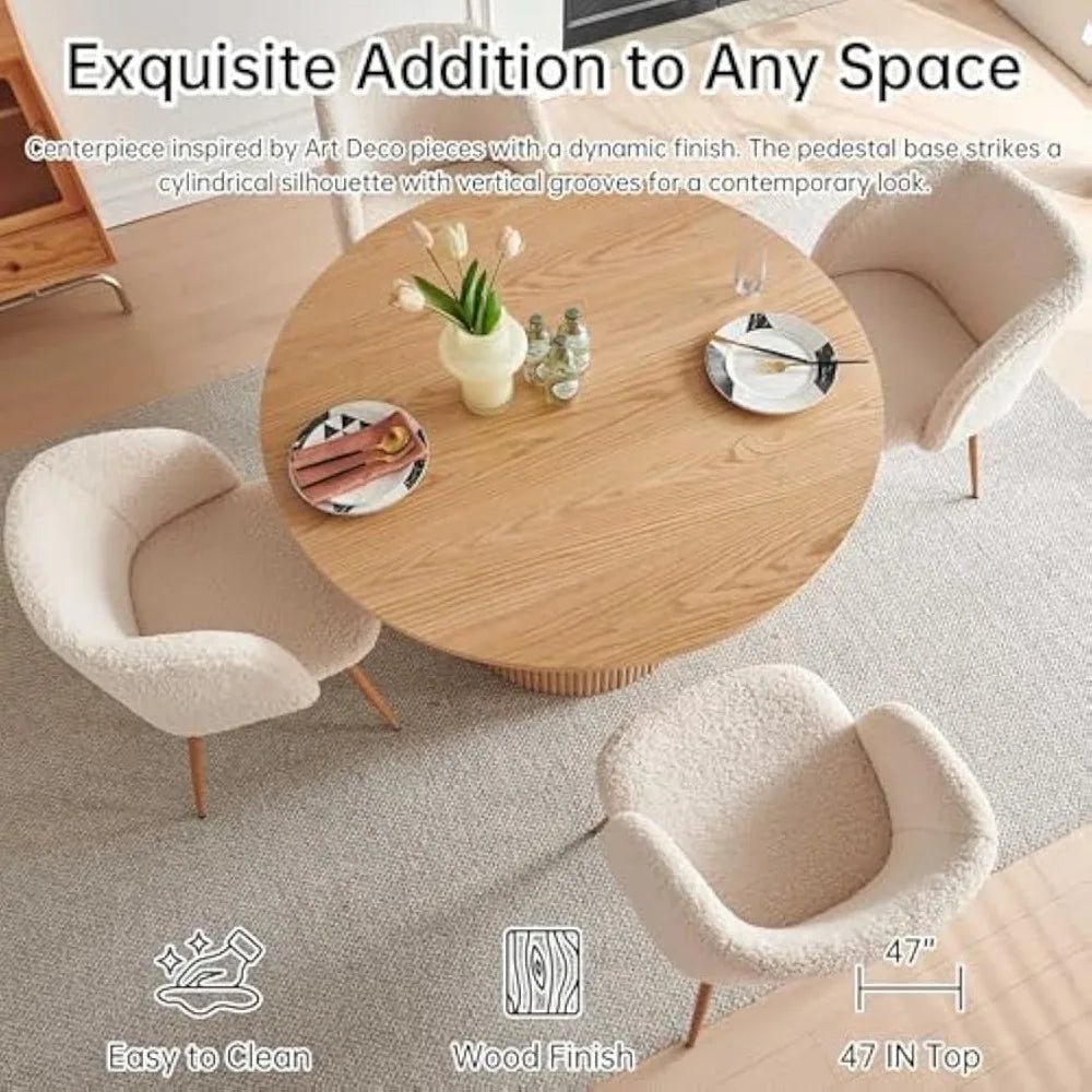 5-Piece Wooden Round Dining Room Table and Chair Set, 47-Inch Kitchen Table with Barrel Chairs for 4, Off White Uphols