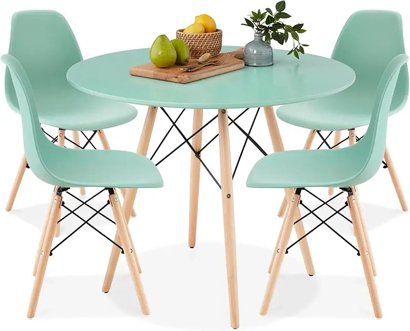 5-Piece Dining Set, Compact Mid-Century Modern Table & Chair Set for Home, Apartment w/ 4 Chairs, Plastic Seats, Wooden Legs