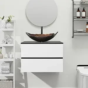 30-Inch Black and White Wall Mounted Bathroom Vanity Cabinet with 2 Drawers and Silver Boat Glass Sink