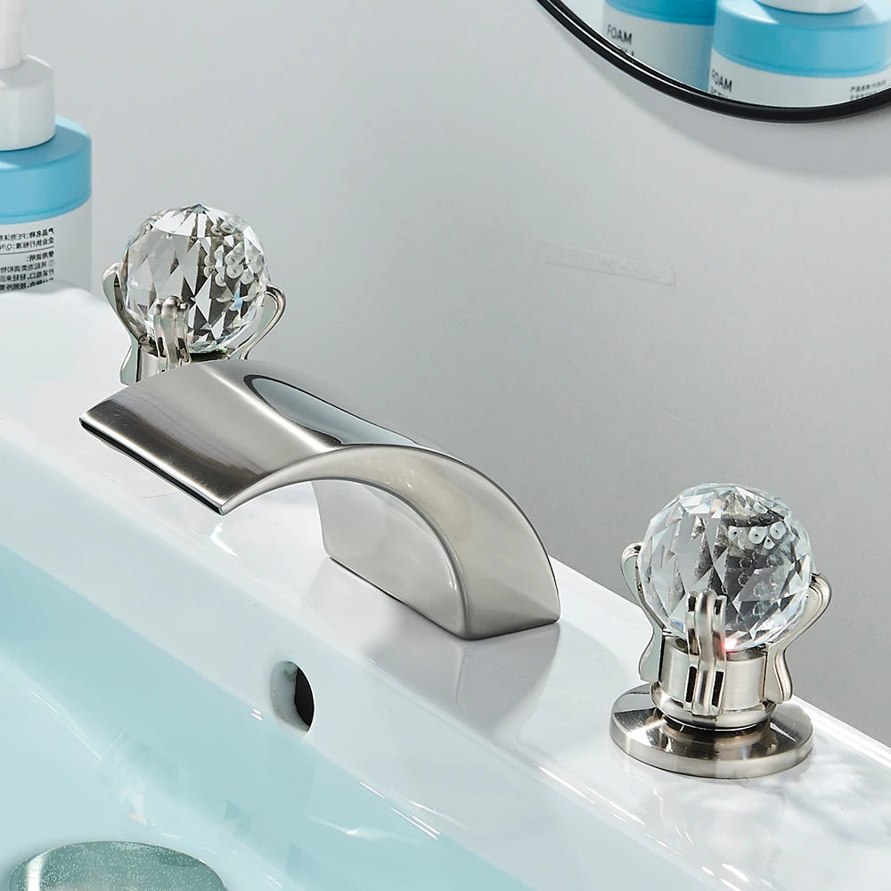 LED Widespread Bathroom Faucet Waterfall Gold Polished Lavatory Faucets Basin Mixer Tap 2 Crystal Knobs 3 Holes