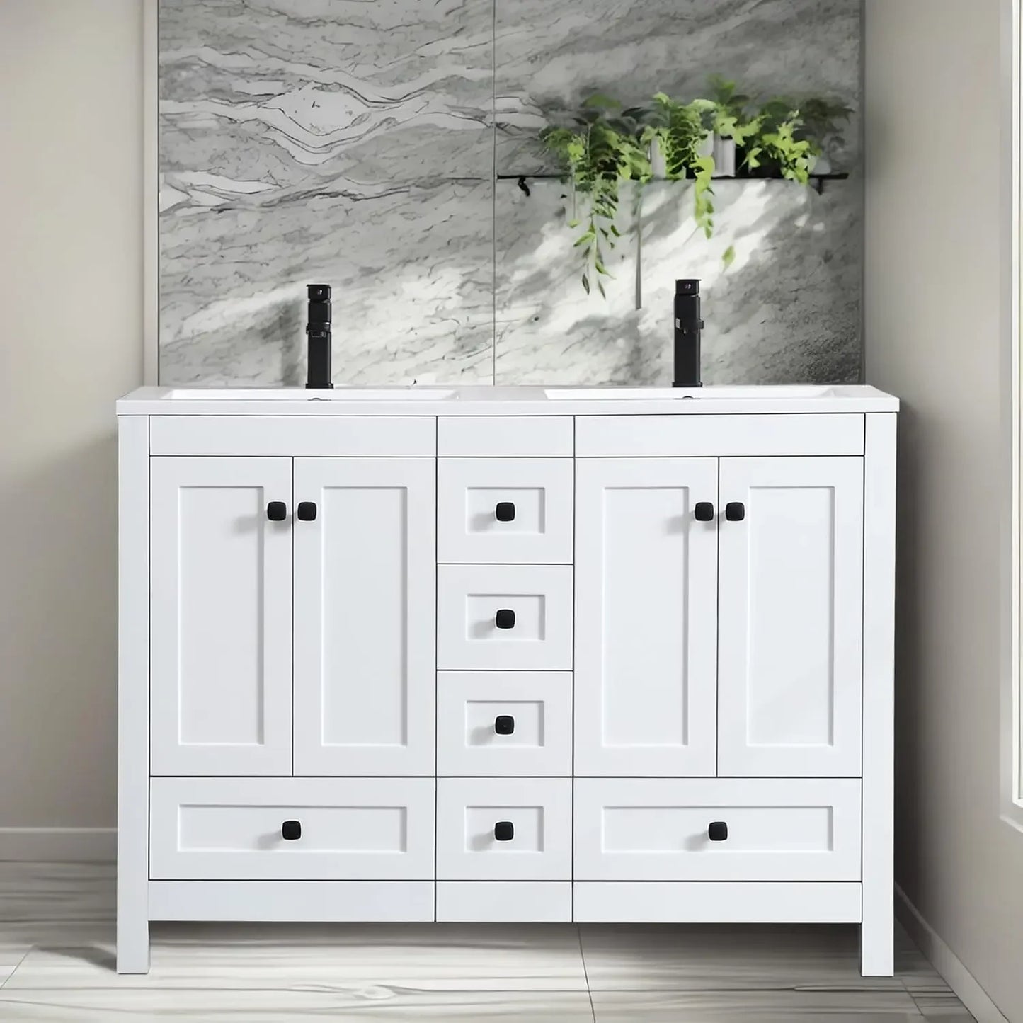 48" Bathroom Vanities Cabinet with Sink Combo Set, Undermount Double Resin Sink w/Thickened Wood, Matte Black Faucet, White