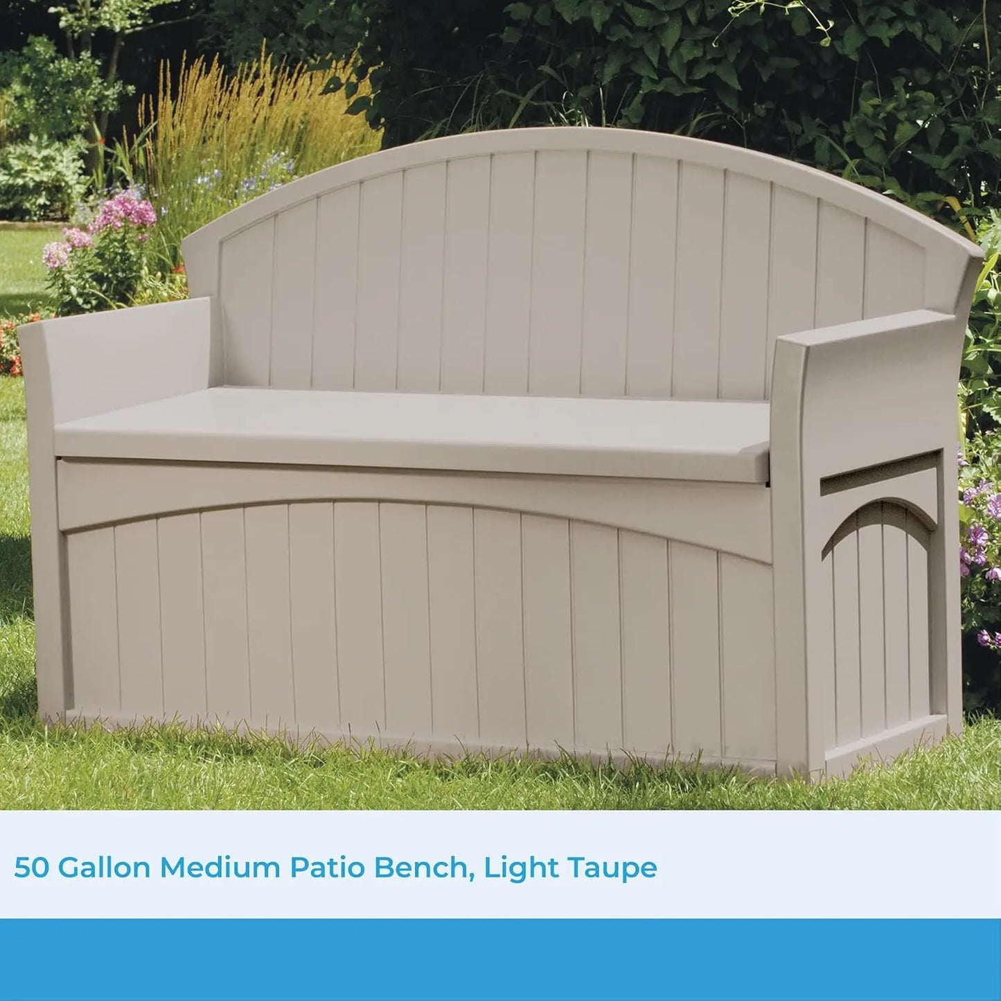 50 Gallon Patio Bench with Storage - Decorative Resin Outdoor Patio Bench for Deck, Patio,Cushions, Tools - Taupe