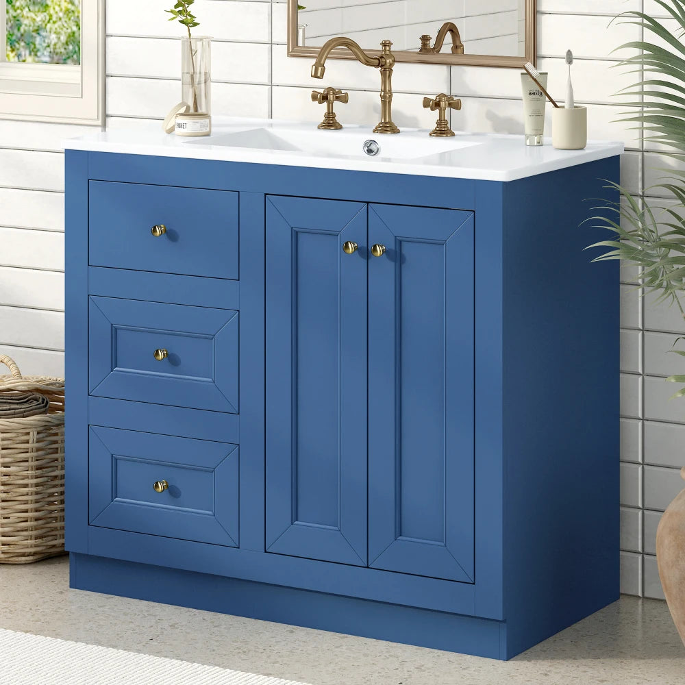 36inch Bathroom Vanity with Ceramic Sink, Bathroom Storage Cabinet with 2 Drawers& Shelf, Solid Wood and MDF Board