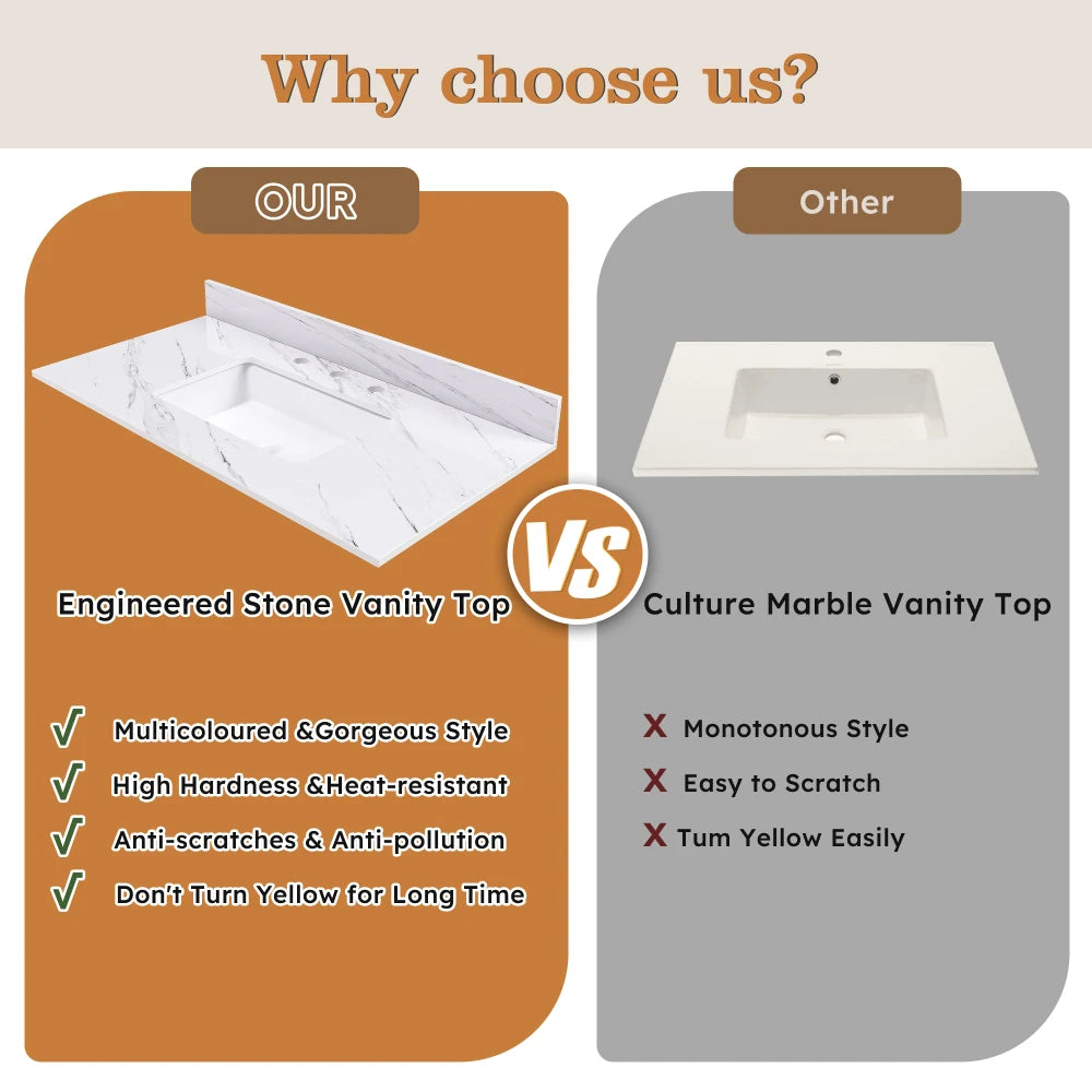 43 Inch Marble Vanity Top, White Vanity Top with 3 Pre-drilled Faucet Holes, Bathroom Vanity Top with Undermount Rectangular