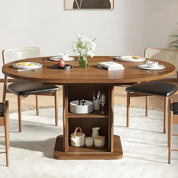 Extendable Round Dining Table for 4-6-8, 59 Inch Dining Room Kitchen Table with Storage, Fluted Wood Slide Door, Modern Oval Bre
