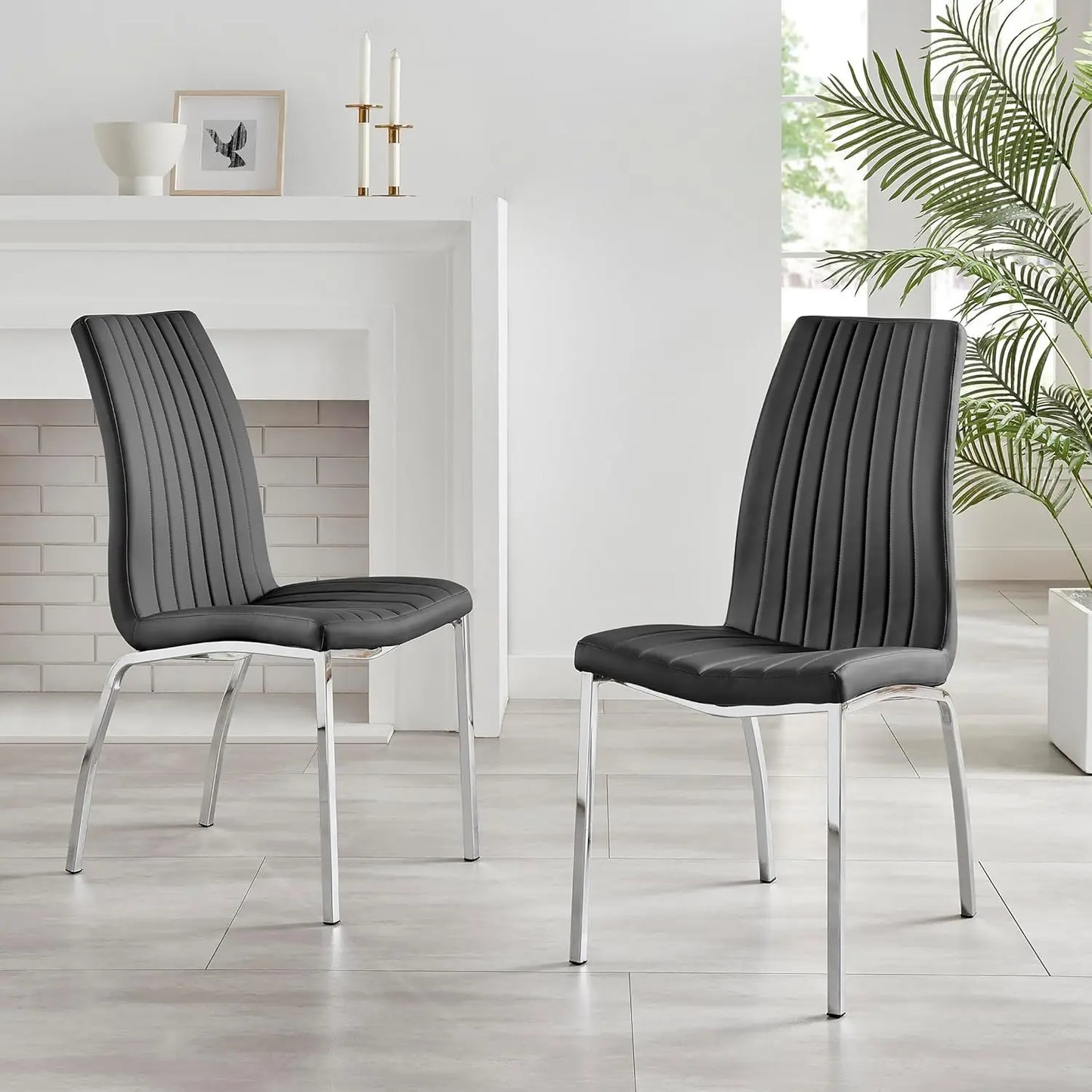 Dining Chair Set of 2 - ISCO Faux Leather Upholstered White Dining Chairs with Silver Chrome Legs