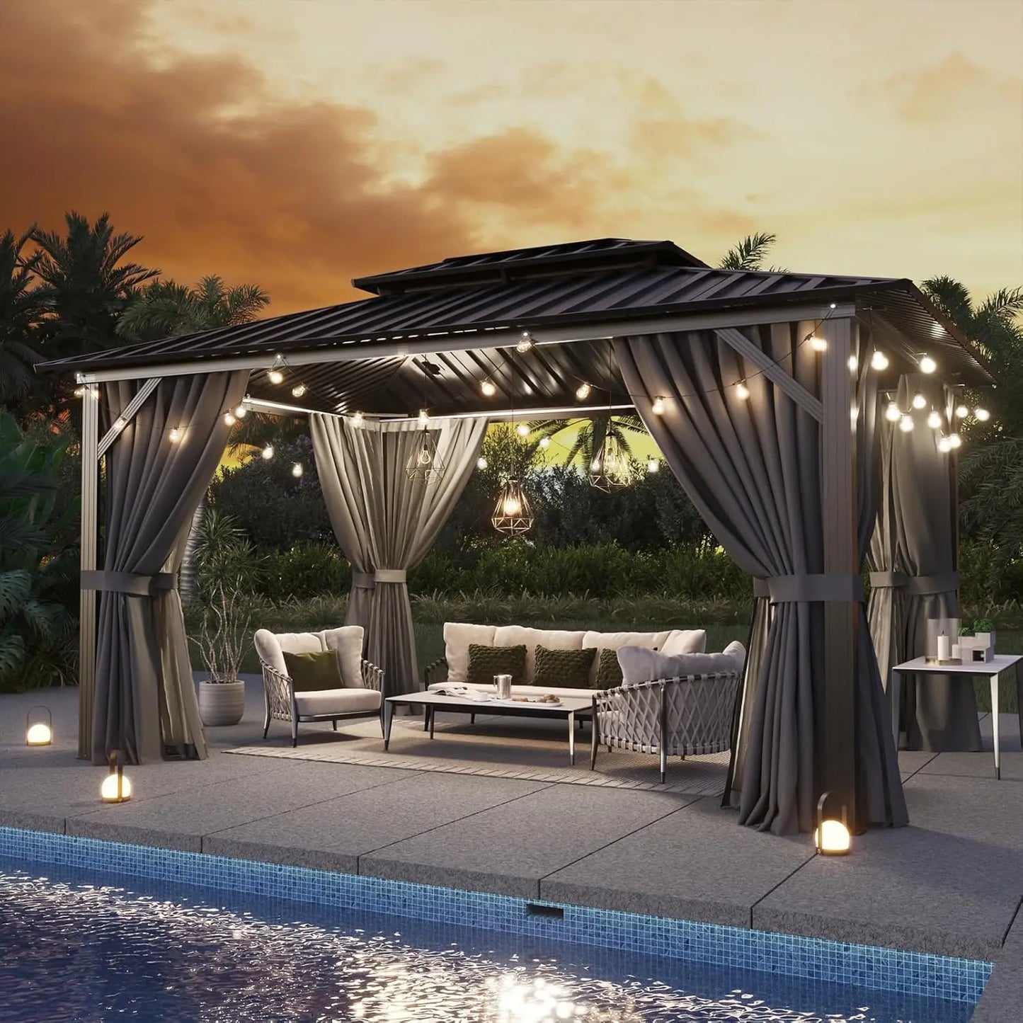 10'x12' Hardtop Gazebo, Aluminum Frame Canopy with Double Galvanized Steel Roof, Outdoor Metal Pavilion with Netting, Curtains