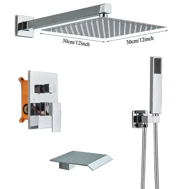 Chrome Rainfall Shower Faucet Set Bathroom Stainless Steel Wall Mounted Concealed 16 Inch Shower System Hot Cold Water Mixer Tap
