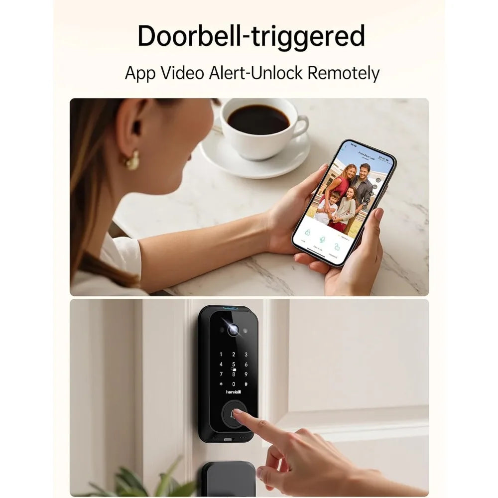 Smart Front Door Lock Sets: 2K HD Camera Lock with Doorbell Kits, Hornbill Fingerprint Keyless Entry Door Lock with Handles, WiF