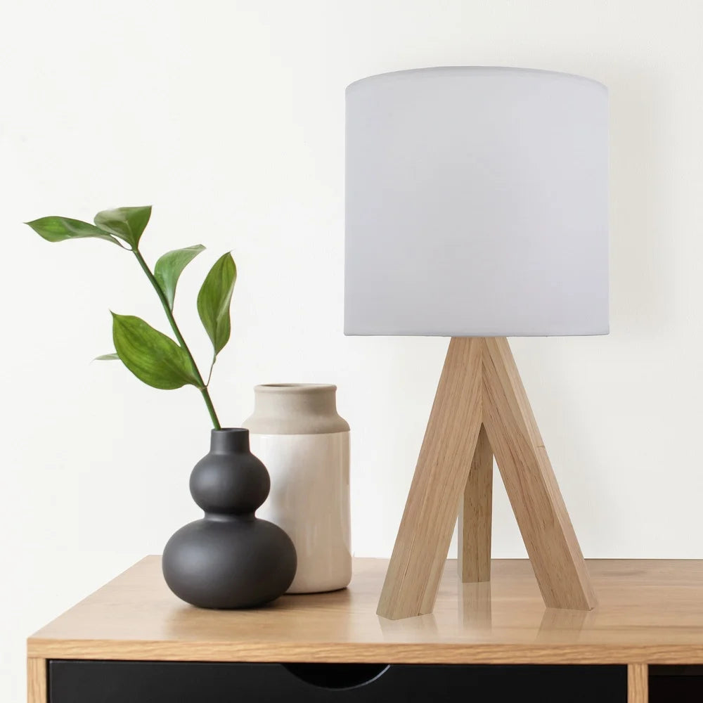 Tripod Oak Table Lamp with White Fabric Shade Modern Design Living Room Bedroom Office Desk Kids Room 60W E26 Bulb Compatible