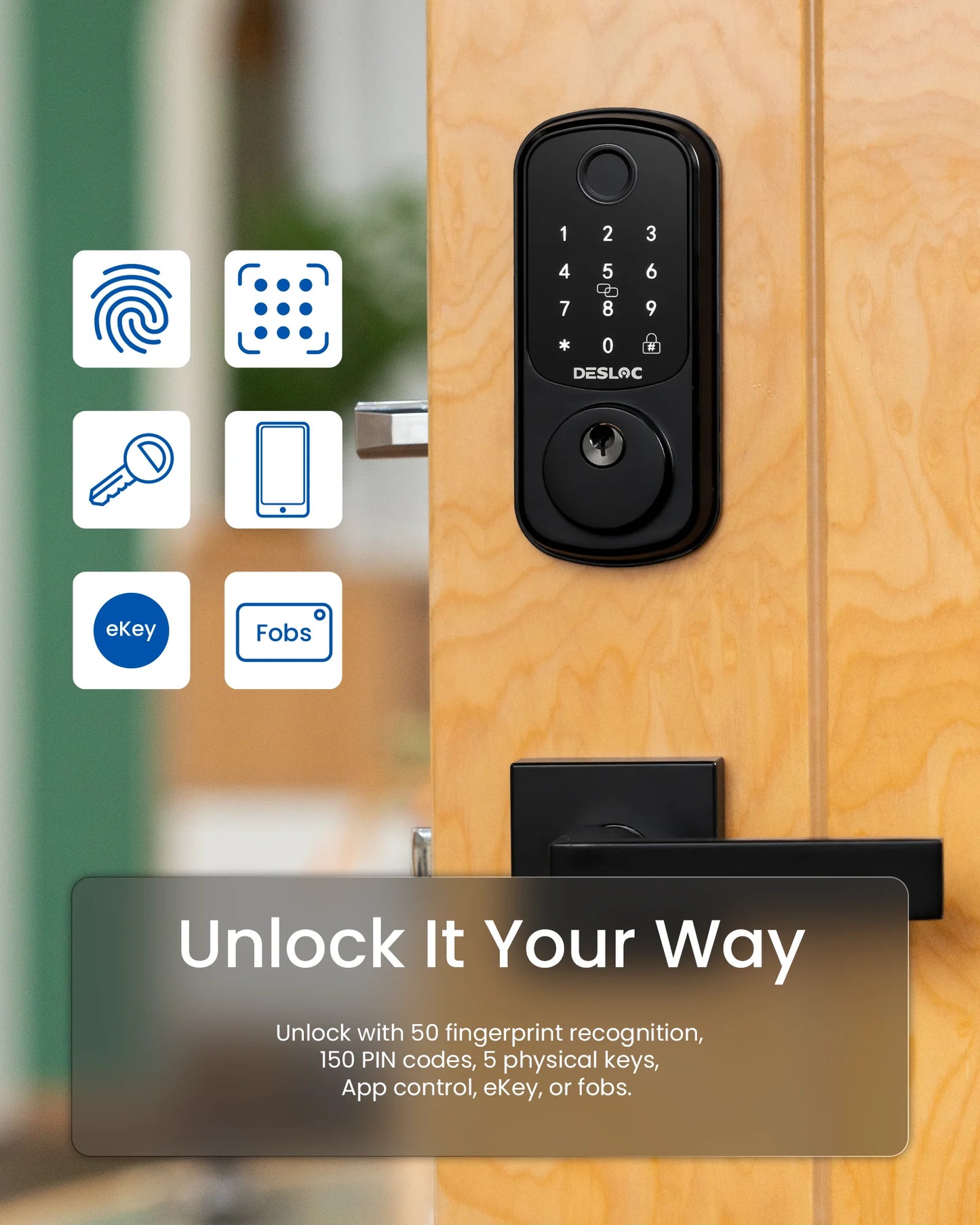 DESLOC Fingerprint Smart Door Lock with 2 Lever Handles, Electronic Keypad Deadbolt Lock, Emergency Power Port, Smart Lock