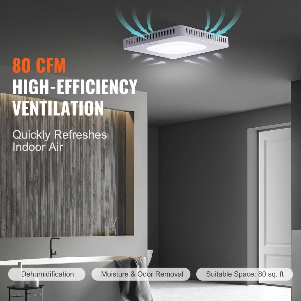 80 CFM Bathroom Exhaust Fan Quiet LED Light Ventilation Durable Moisture Resistant Easy Installation Home Gym Kitchen Laundry