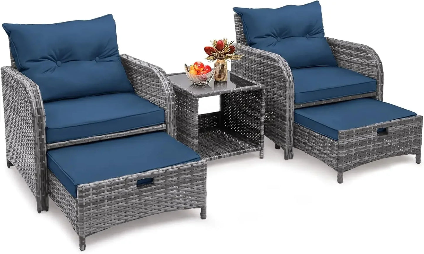 Outdoor Patio Furniture 5 Pieces Wicker Chairs Set with Ottoman All Weather PE Rattan