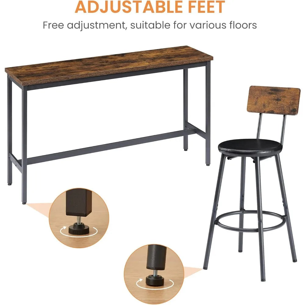 63" L Bar Table and Chairs Set for 3, 4 Piece Long Rectangle Pub Bistro Table with 3 PU Upholstered Bar Stools, Counter Height D