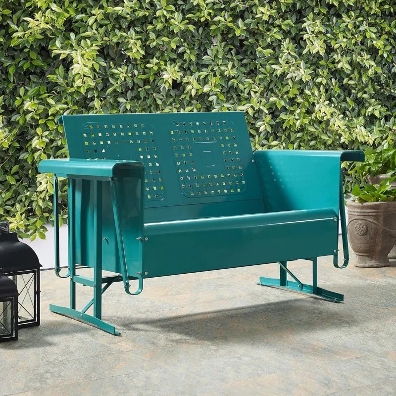 Bates Retro Metal Outdoor Loveseat Glider, 2-Person Rocking Patio Bench for Porch, Deck, Turquoise Gloss