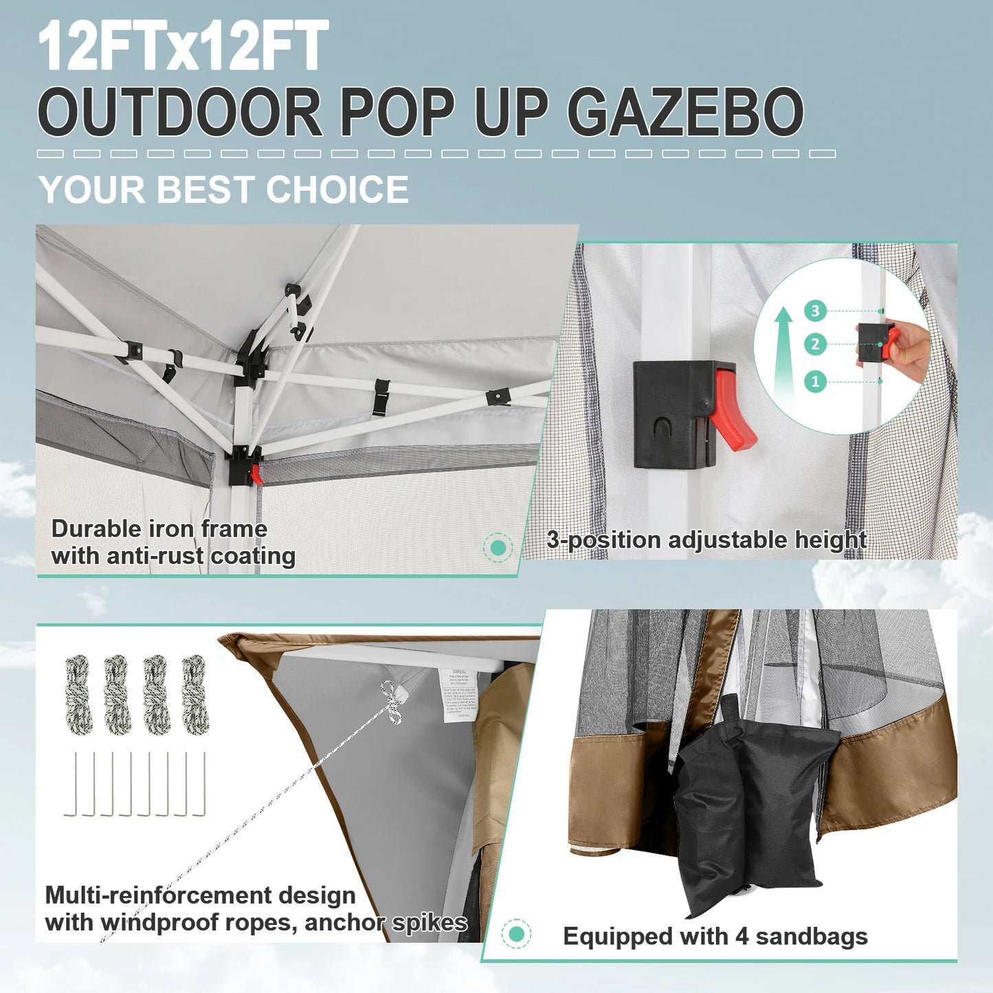 12x12 Pop up Gazebo on Clearance with Mosquito Netting, Outdoor Canopy Tent with Portable Bag,Patio Gazebo for Garden,Party,Camp