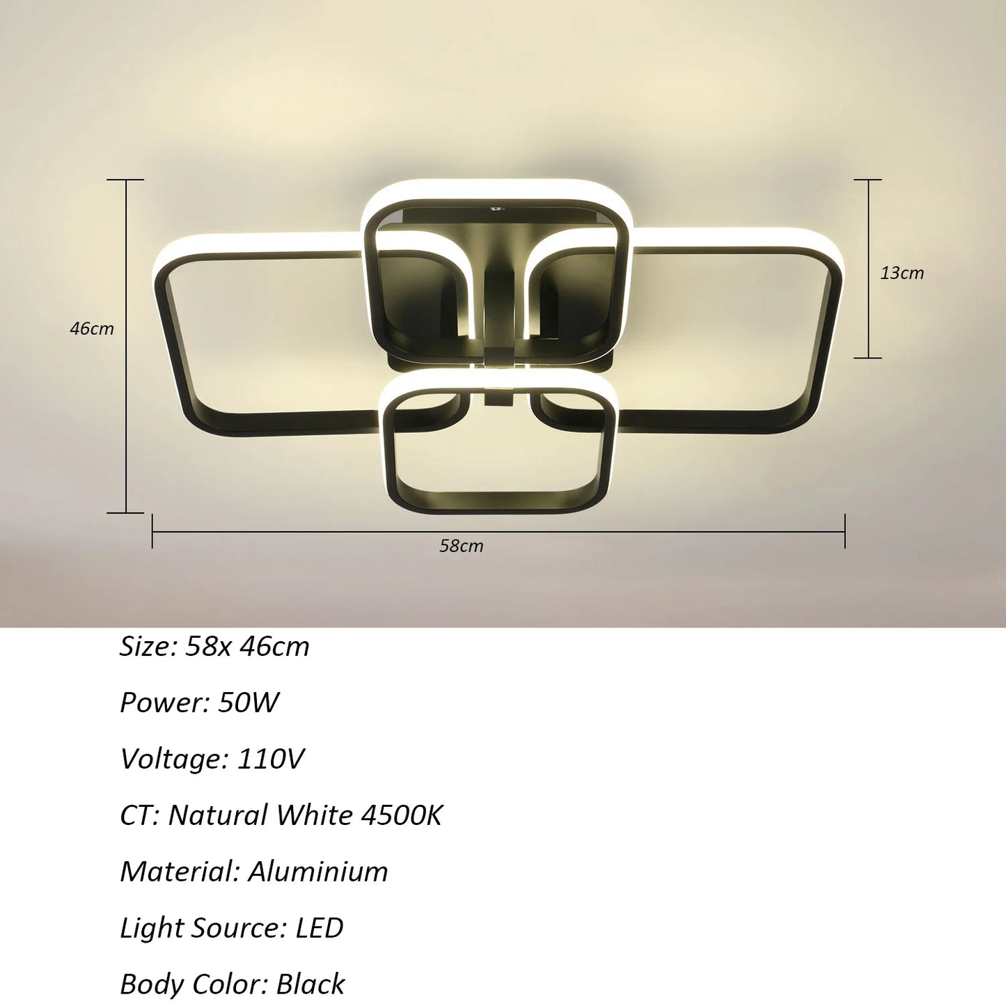 Modern Ceiling Light, LED Ceiling Light Fixtures, 4-Square Design Black Flush Mount Ceiling Light for Living Room, Kitchen