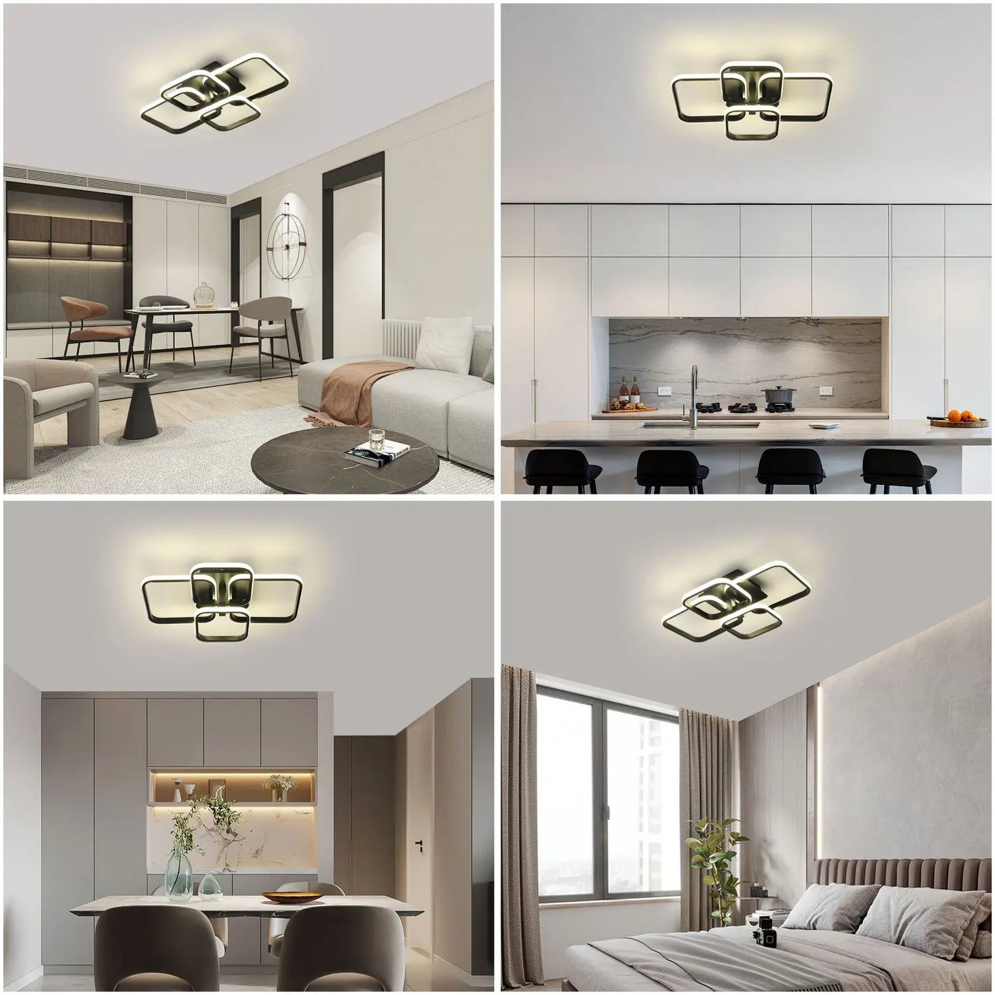 Modern Ceiling Light, LED Ceiling Light Fixtures, 4-Square Design Black Flush Mount Ceiling Light for Living Room, Kitchen