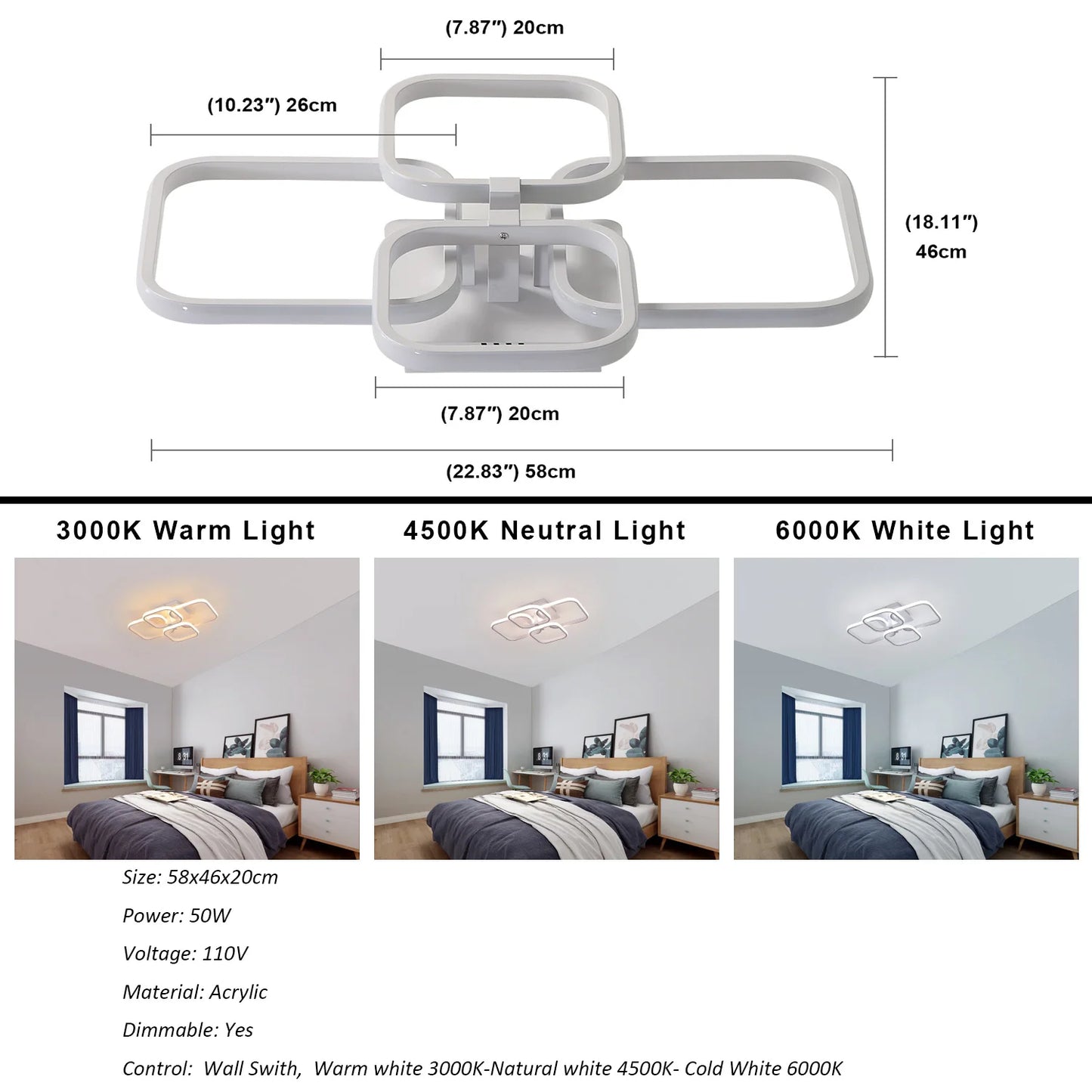 Modern Ceiling Light, LED Ceiling Light Fixtures, 4-Square Design Black Flush Mount Ceiling Light for Living Room, Kitchen