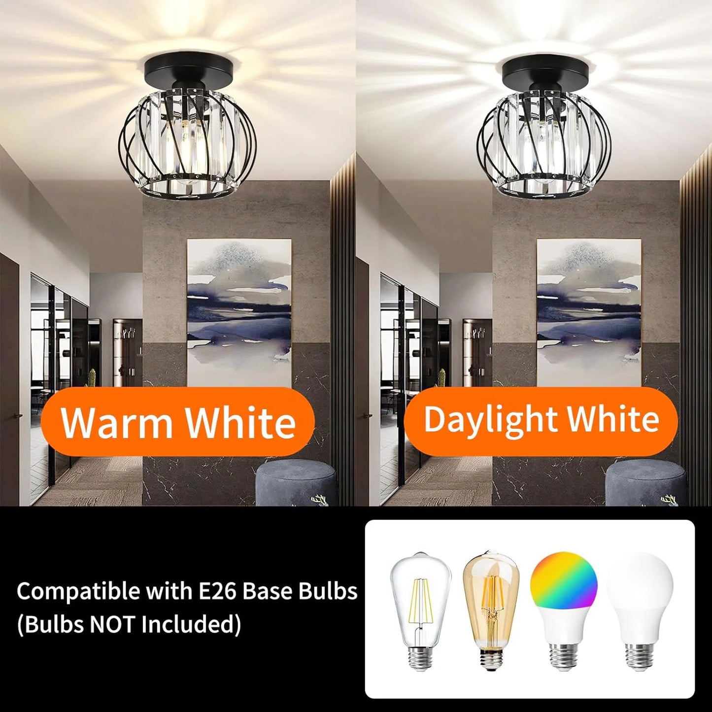 Semi-flush Mount Ceiling Light, Antique Small Crystal Chandelier E26 No Bulb For Bathroom, Hallway, Cafe, Bar, Porch, Corridor