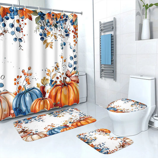Shower Curtain Set Including Rugs Mats Hooks Bathroom Thanksgiving Decor, 4 Piece