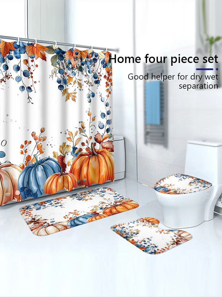 Shower Curtain Set Including Rugs Mats Hooks Bathroom Thanksgiving Decor, 4 Piece