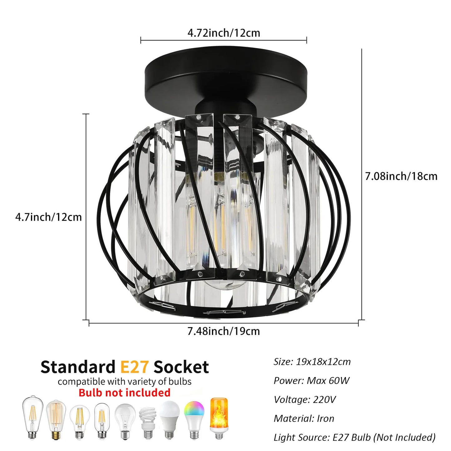 Semi-flush Mount Ceiling Light, Antique Small Crystal Chandelier E26 No Bulb For Bathroom, Hallway, Cafe, Bar, Porch, Corridor