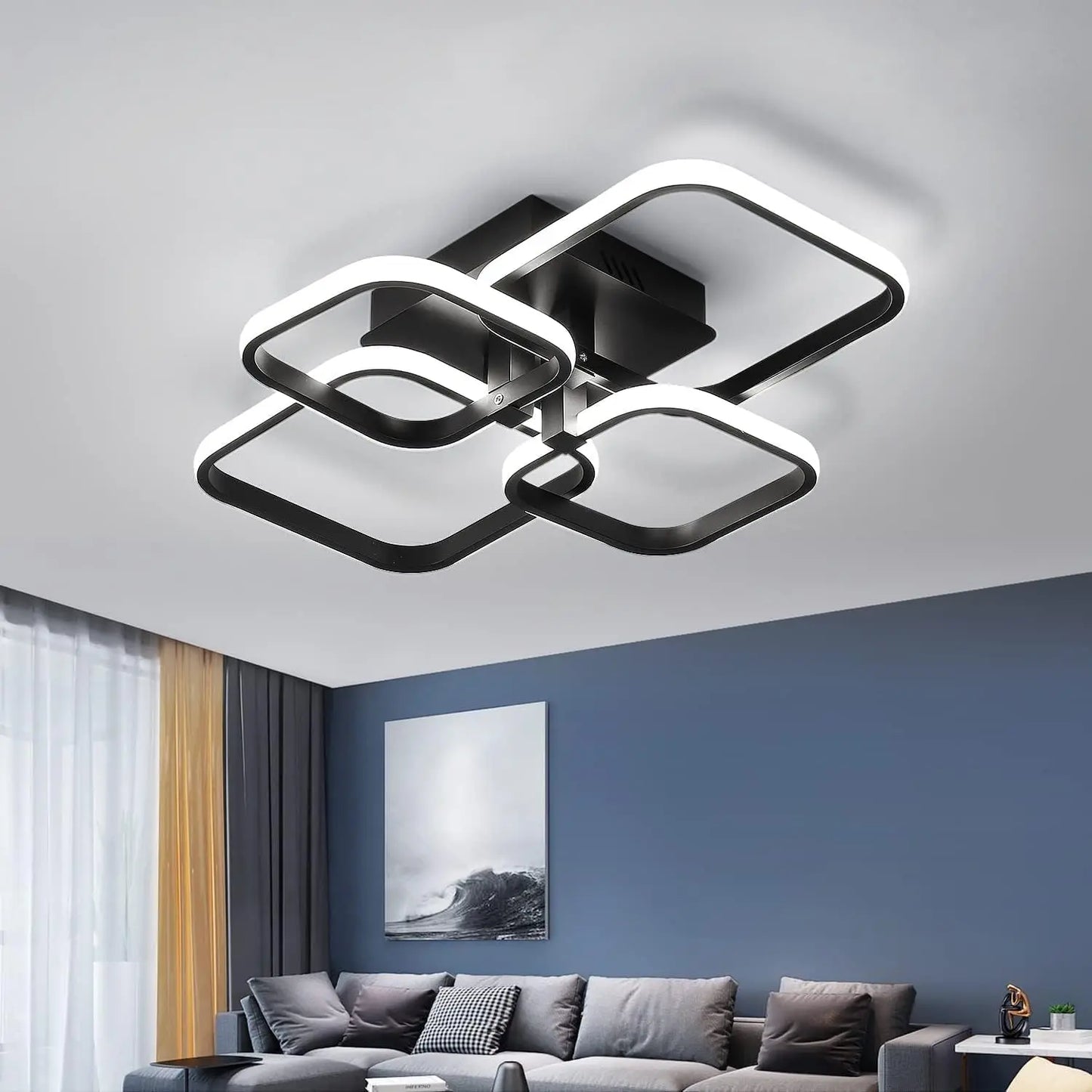 Modern Ceiling Light, LED Ceiling Light Fixtures, 4-Square Design Black Flush Mount Ceiling Light for Living Room, Kitchen