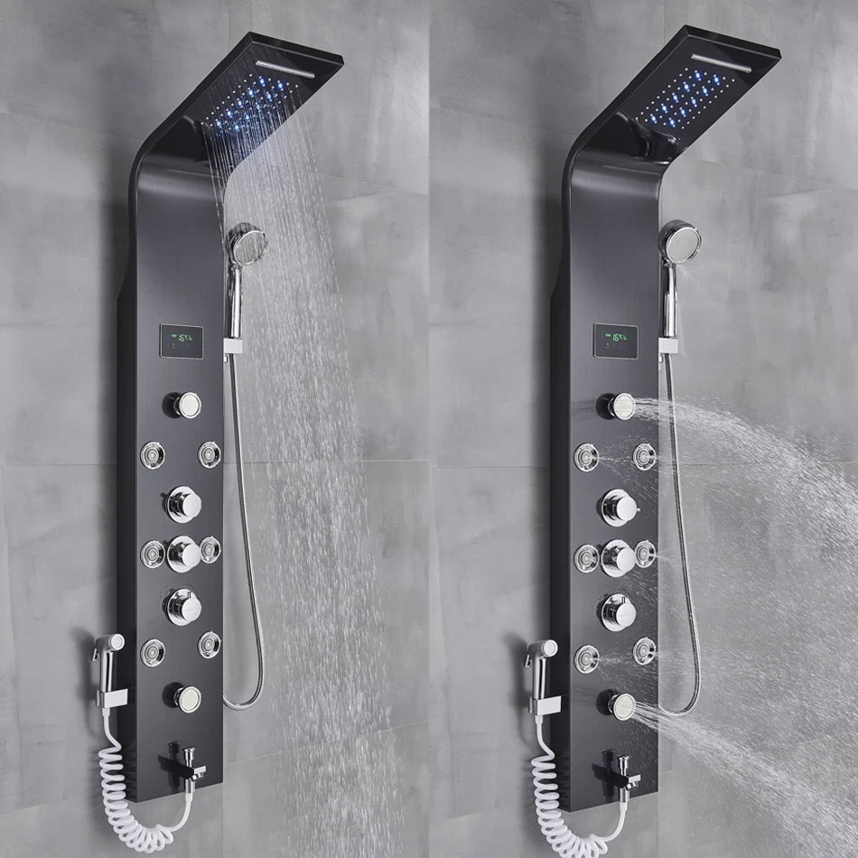 Luxury Black/Brushed Bathroom Shower Faucet LED Rainfall Shower Panel System Bathtub Mixer Tap Massage Spa Temperature Screen