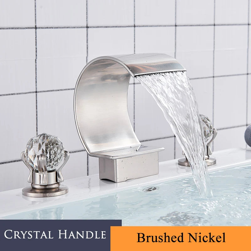 3Pcs Golden Bathroom Basin Faucet Crystal Handle Widespread Hot Cold Water Mixer Tap Waterfall Bathroom Faucet Crane torneiras