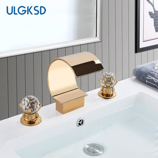 3Pcs Golden Bathroom Basin Faucet Crystal Handle Widespread Hot Cold Water Mixer Tap Waterfall Bathroom Faucet Crane torneiras