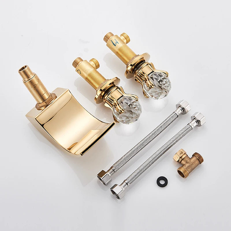 3Pcs Golden Bathroom Basin Faucet Crystal Handle Widespread Hot Cold Water Mixer Tap Waterfall Bathroom Faucet Crane torneiras