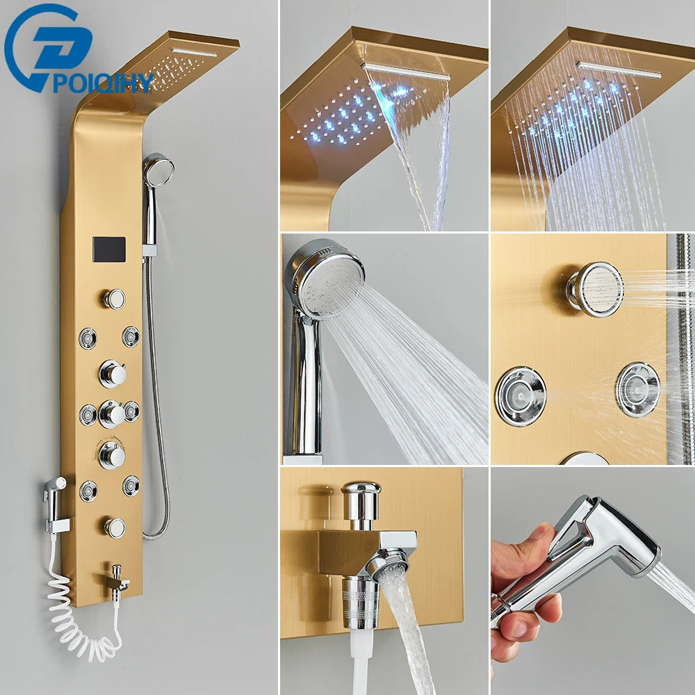 Golden Bathroom Shower Panel Column LED Rain Waterfall Shower Column Black Digital Temperature Display Bidet Spray Gun Spa Jets