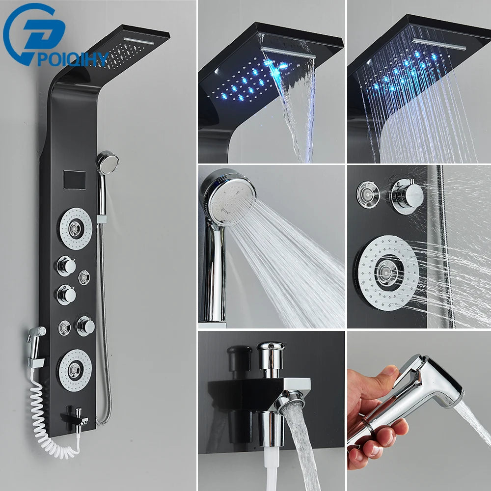 Golden Bathroom Shower Panel Column LED Rain Waterfall Shower Column Black Digital Temperature Display Bidet Spray Gun Spa Jets