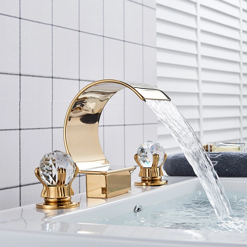 3Pcs Golden Bathroom Basin Faucet Crystal Handle Widespread Hot Cold Water Mixer Tap Waterfall Bathroom Faucet Crane torneiras