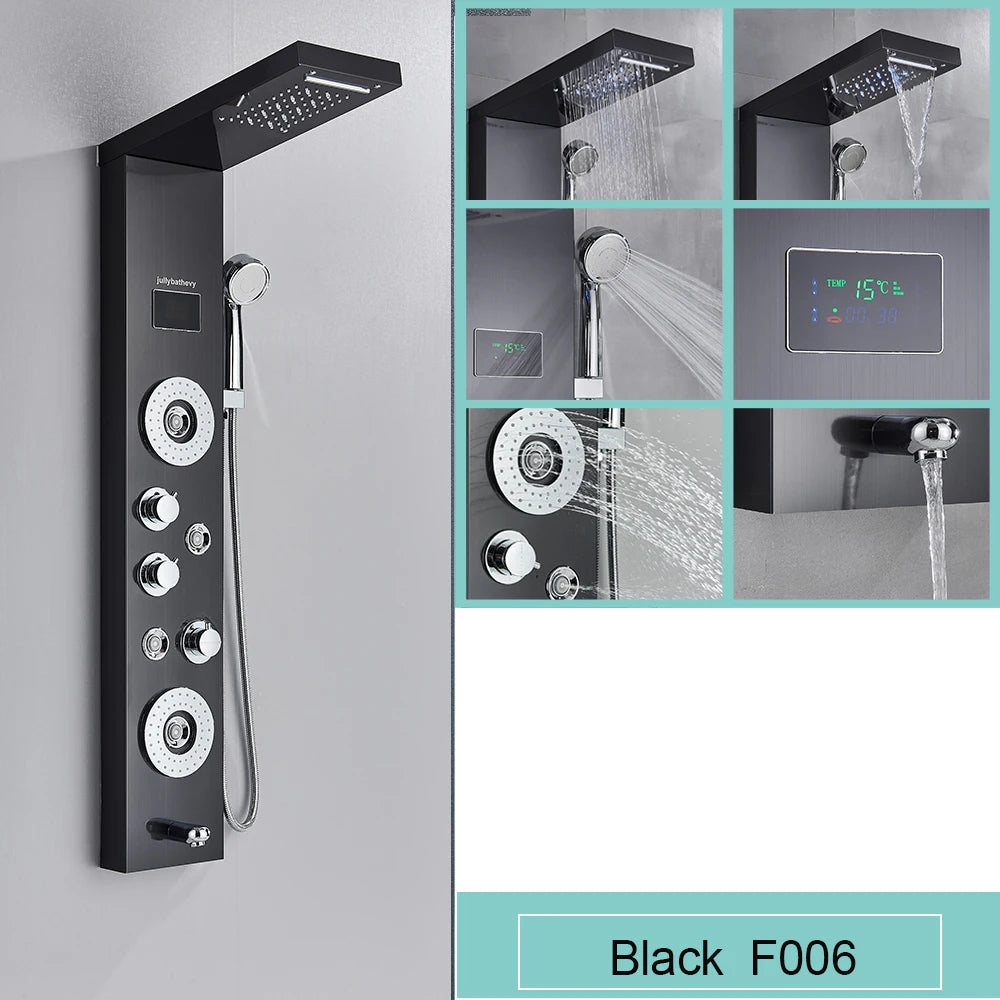 Black LED Light Shower Panel Waterfall Rain Shower Faucets SPA Massage Jet Bath Shower Column Shower system Mixer Tap Tower