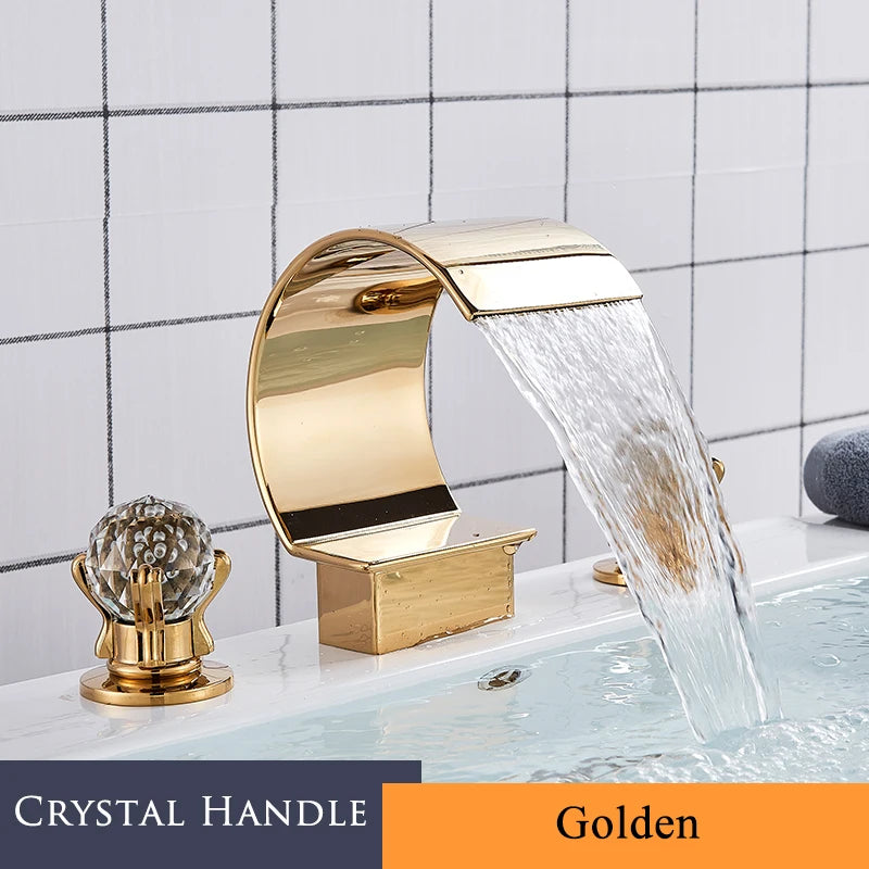 3Pcs Golden Bathroom Basin Faucet Crystal Handle Widespread Hot Cold Water Mixer Tap Waterfall Bathroom Faucet Crane torneiras