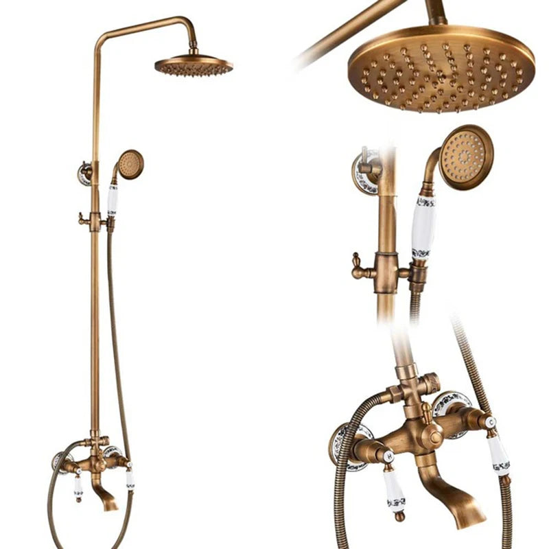 POIQIHY Antique Shower Set Wall Bathroom Bath Shower Faucet Rainfall Brass Swivel Spout Mixer Tap Sliding Bar Shower System