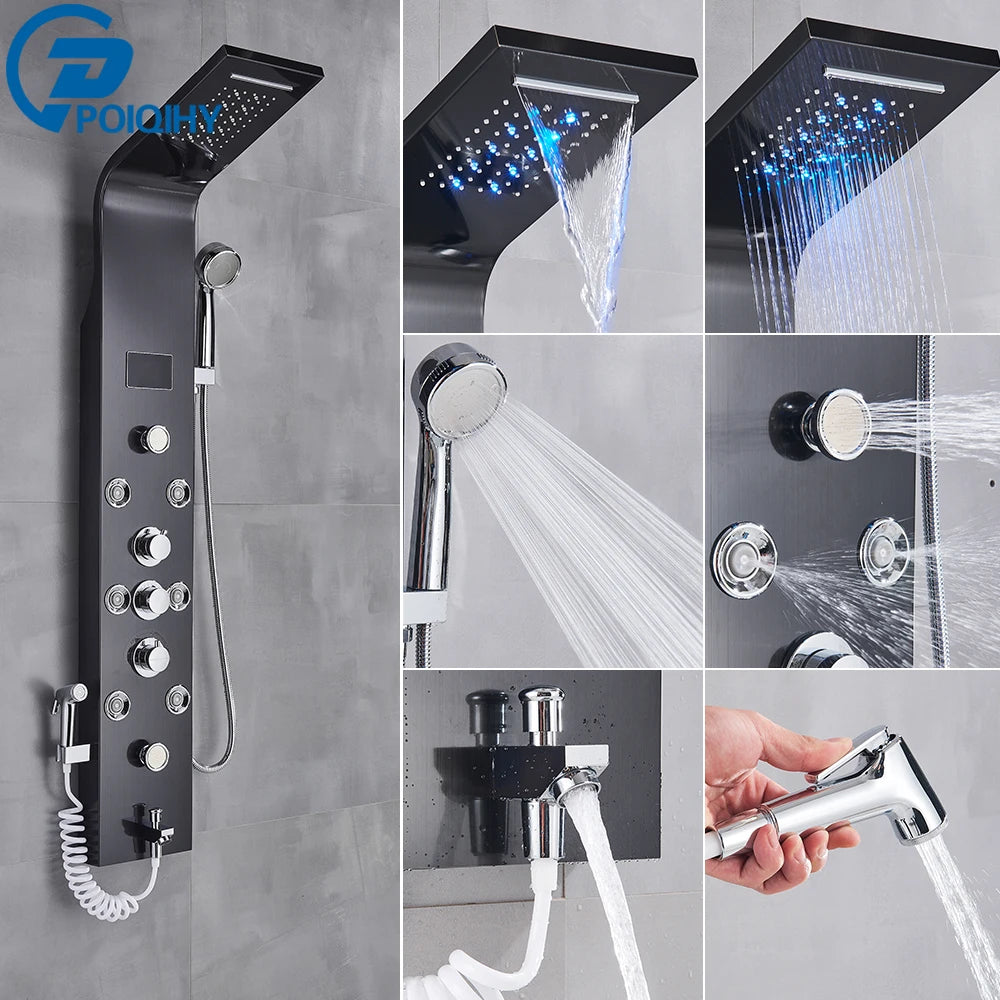 Golden Bathroom Shower Panel Column LED Rain Waterfall Shower Column Black Digital Temperature Display Bidet Spray Gun Spa Jets