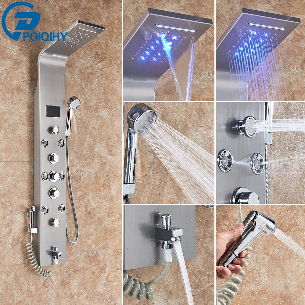 Golden Bathroom Shower Panel Column LED Rain Waterfall Shower Column Black Digital Temperature Display Bidet Spray Gun Spa Jets