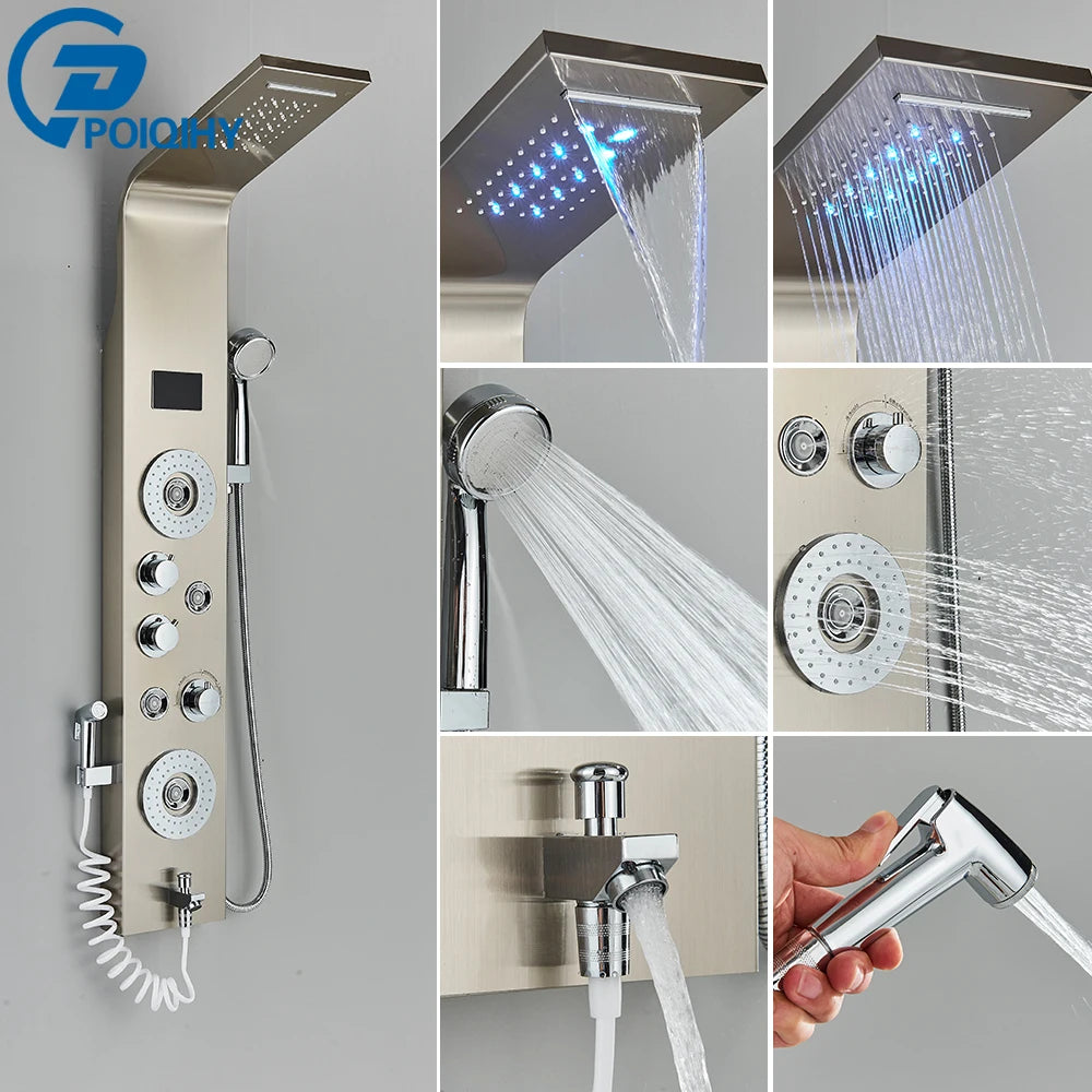 Golden Bathroom Shower Panel Column LED Rain Waterfall Shower Column Black Digital Temperature Display Bidet Spray Gun Spa Jets