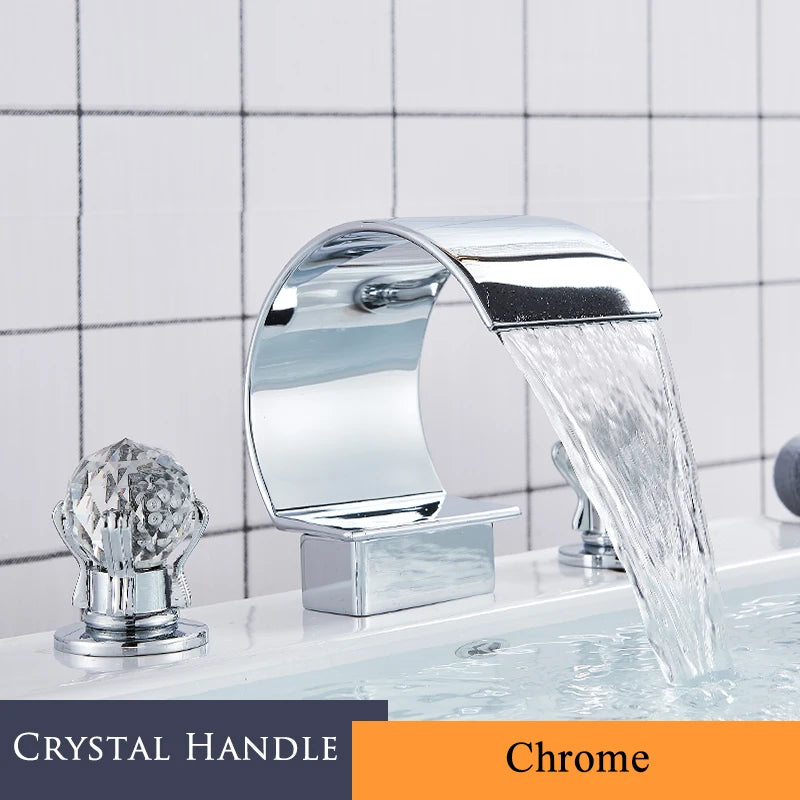 3Pcs Golden Bathroom Basin Faucet Crystal Handle Widespread Hot Cold Water Mixer Tap Waterfall Bathroom Faucet Crane torneiras