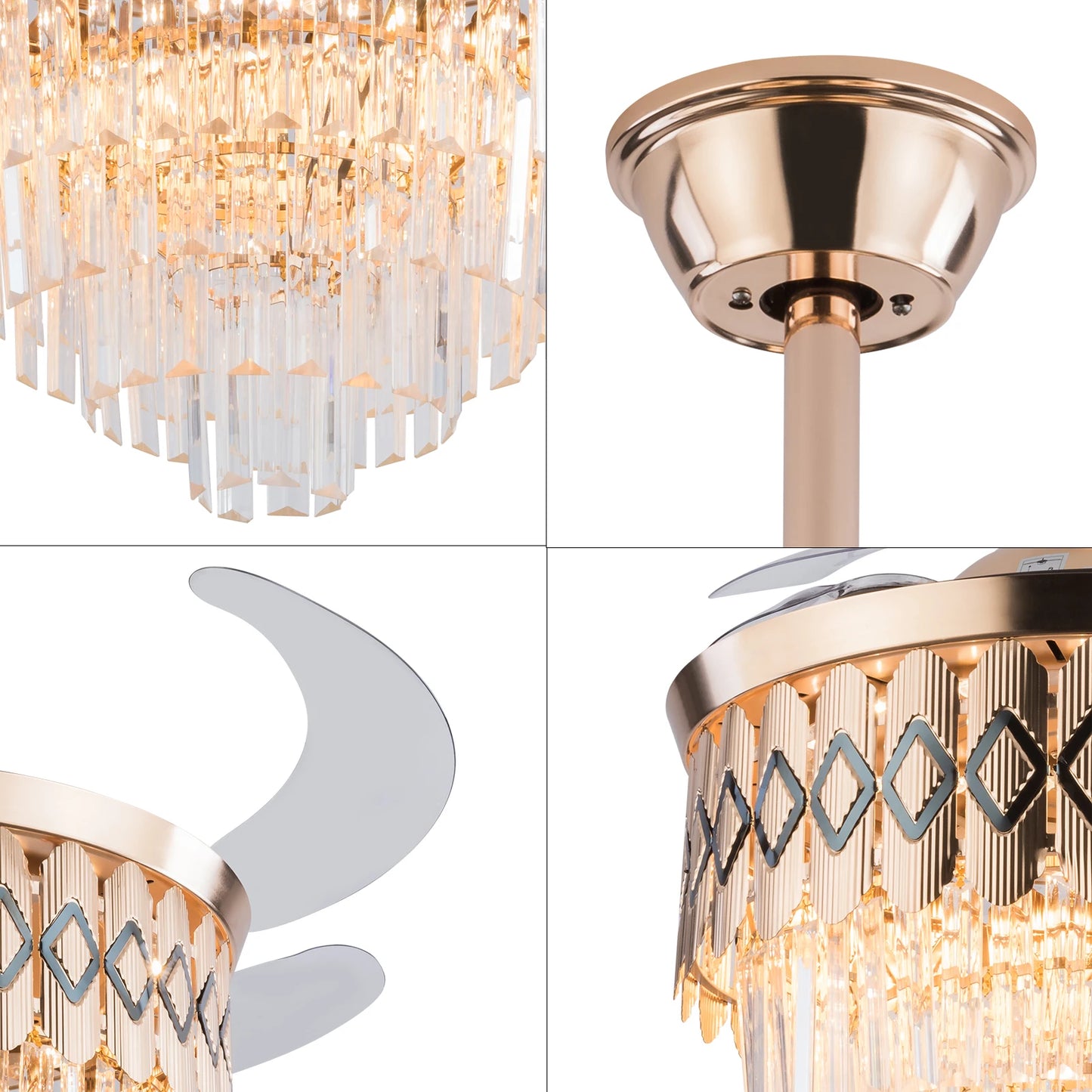 42 Inch Modern Ceiling Fan Light with Remote Retractable Blades 3-Color LED & Copper Finish 6-Speed Quiet Motor for Bedroom