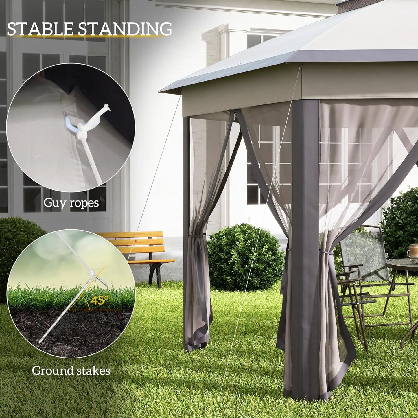 13' x 13' Pop Up Gazebo, Hexagonal Canopy Shelter with 6 Zippered Mesh Netting, Event Tent with Strong Steel Frame for Patio