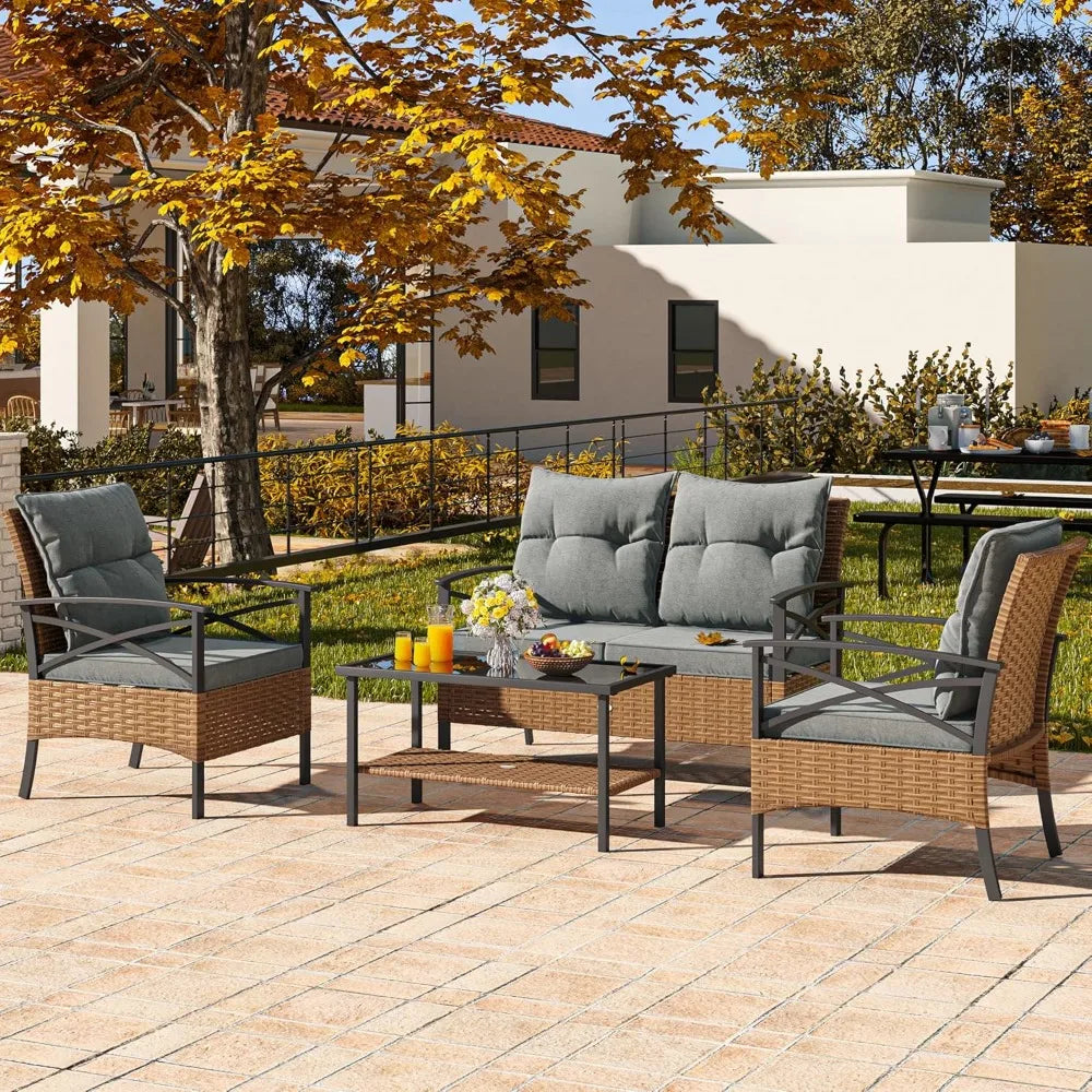 4 pieces patio furniture set outdoor wicker patio conversation set with metal table and soft cushions all-weather rattan bistro
